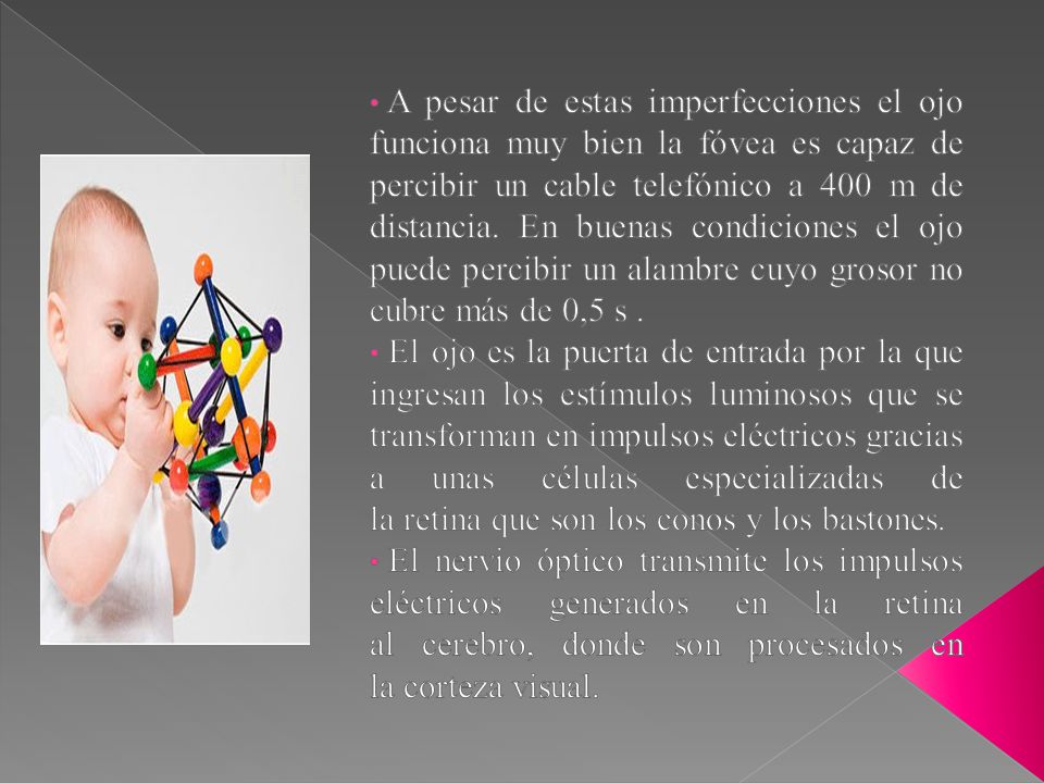 A pesar de estas imperfecciones el ojo funciona muy bien la fóvea es capaz de percibir un cable telefónico a 400 m de distancia. En buenas condiciones el ojo puede percibir un alambre cuyo grosor no cubre más de 0,5 s .