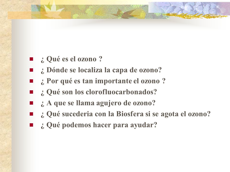 ¿ Qué es el ozono ¿ Dónde se localiza la capa de ozono ¿ Por qué es tan importante el ozono ¿ Qué son los clorofluocarbonados