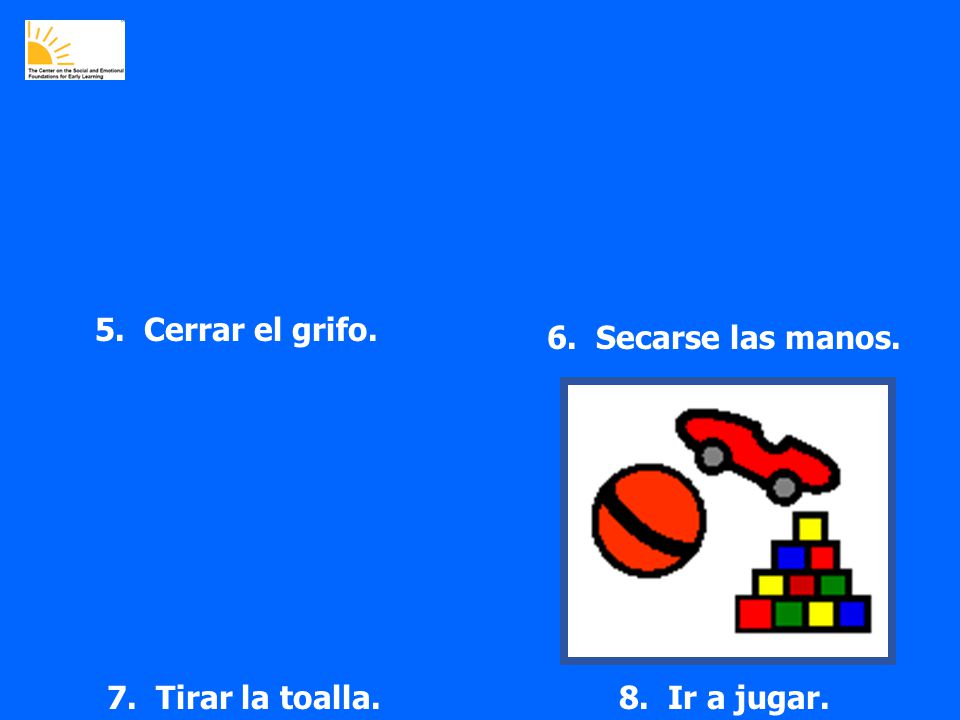 5. Cerrar el grifo. 6. Secarse las manos. 7. Tirar la toalla. 8. Ir a jugar.