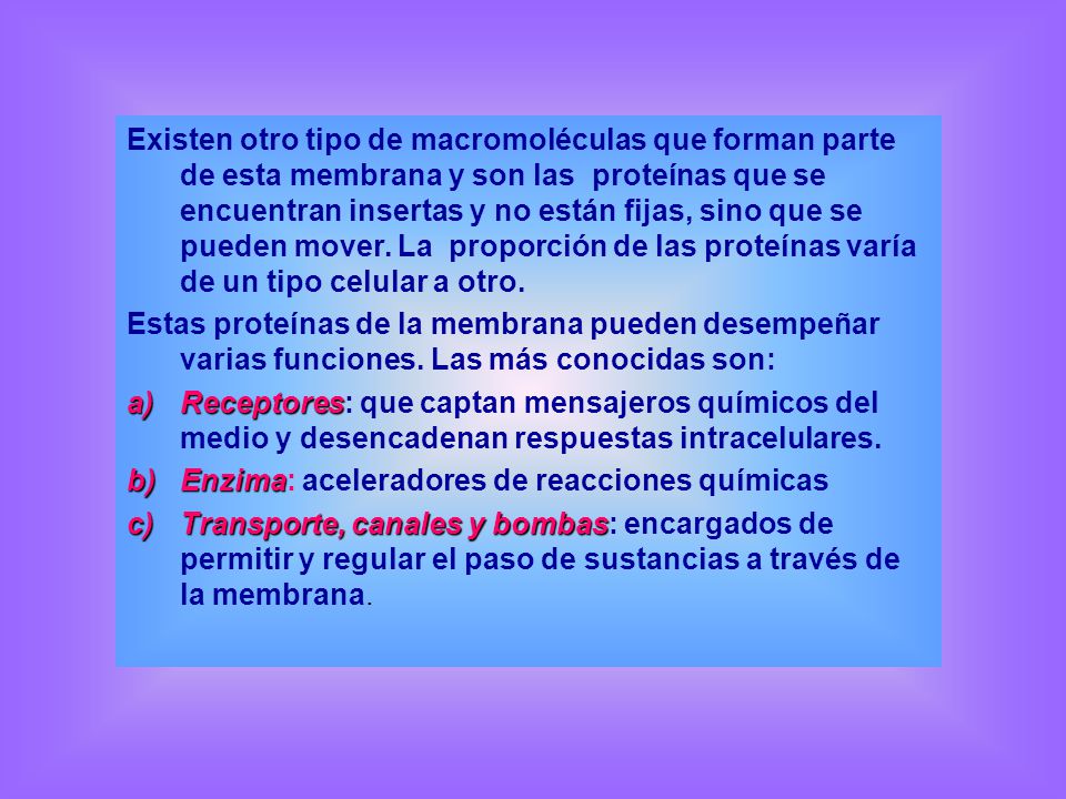 Existen otro tipo de macromoléculas que forman parte de esta membrana y son las proteínas que se encuentran insertas y no están fijas, sino que se pueden mover. La proporción de las proteínas varía de un tipo celular a otro.