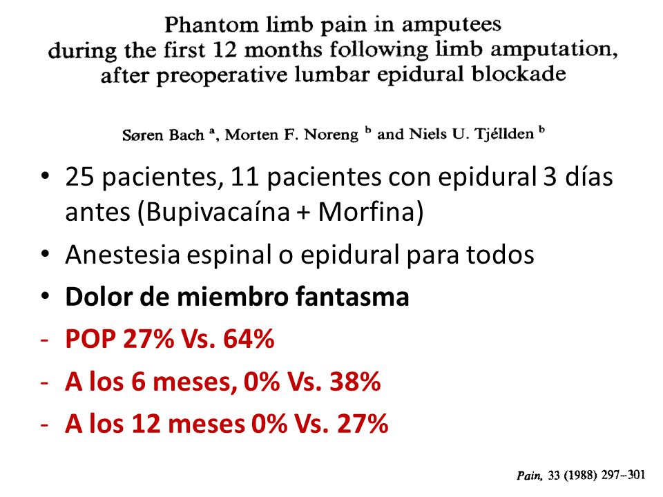 25 pacientes, 11 pacientes con epidural 3 días antes (Bupivacaína + Morfina)