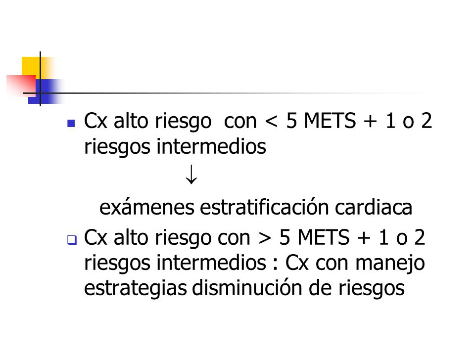 Cx alto riesgo con < 5 METS + 1 o 2 riesgos intermedios