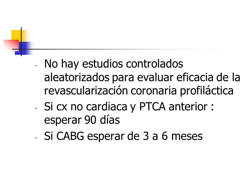 No hay estudios controlados aleatorizados para evaluar eficacia de la revascularización coronaria profiláctica
