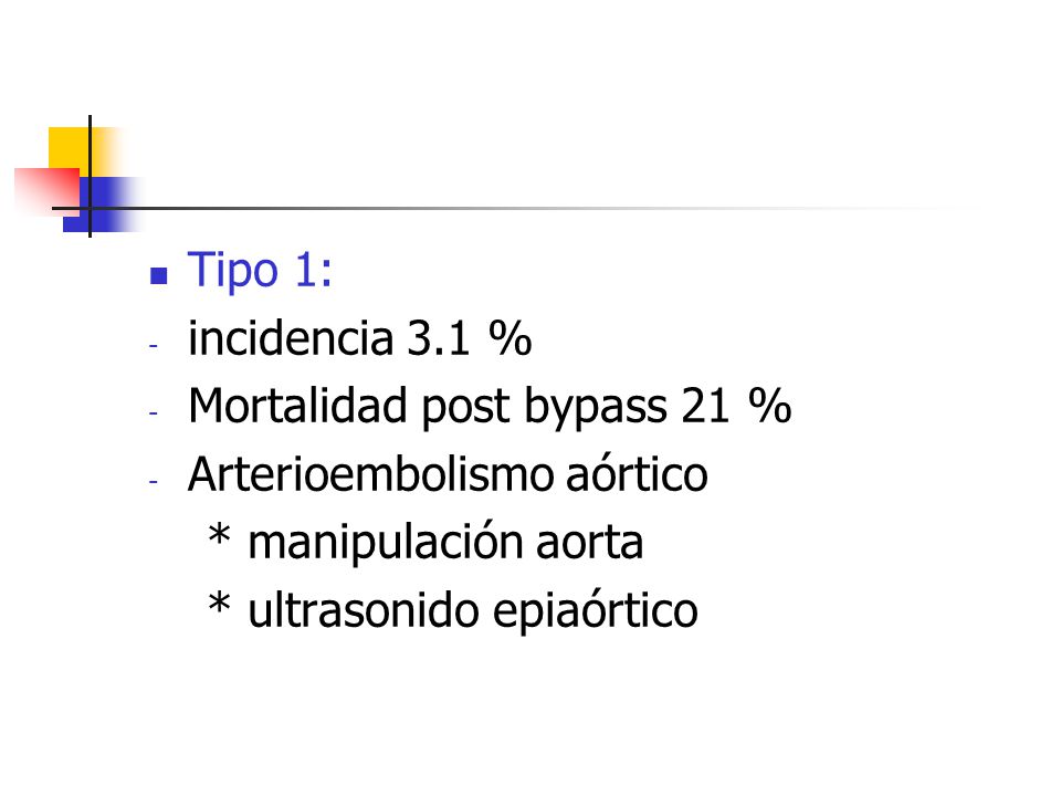 Tipo 1: incidencia 3.1 % Mortalidad post bypass 21 % Arterioembolismo aórtico. * manipulación aorta.