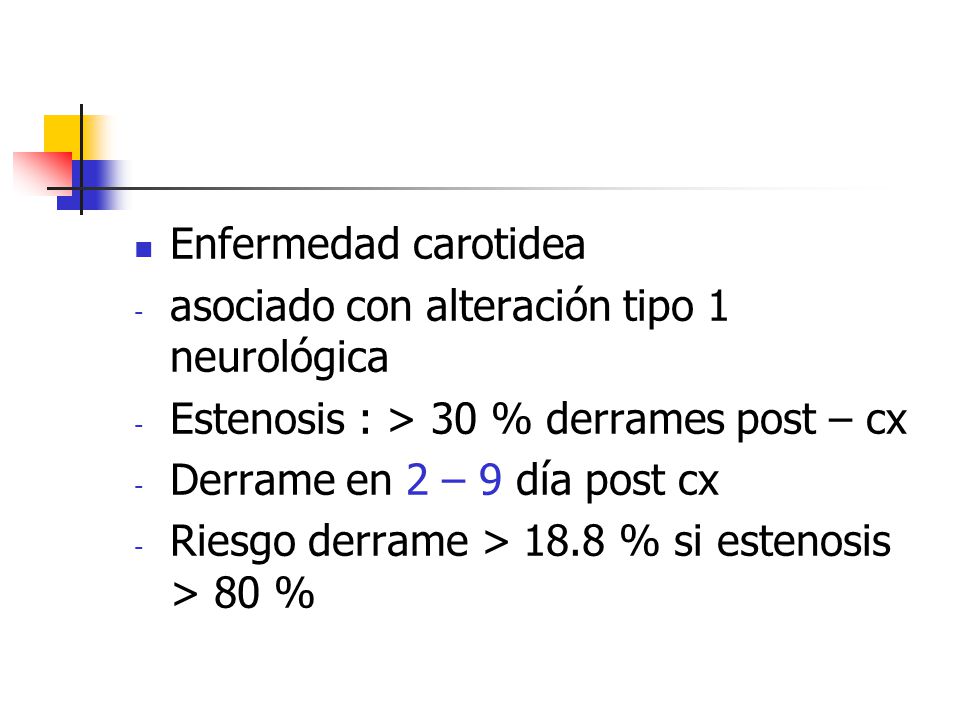 Enfermedad carotidea asociado con alteración tipo 1 neurológica. Estenosis : > 30 % derrames post – cx.