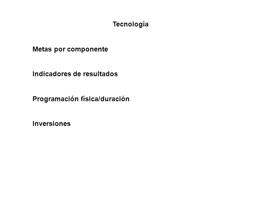 Tecnología Metas por componente Indicadores de resultados Programación física/duración Inversiones