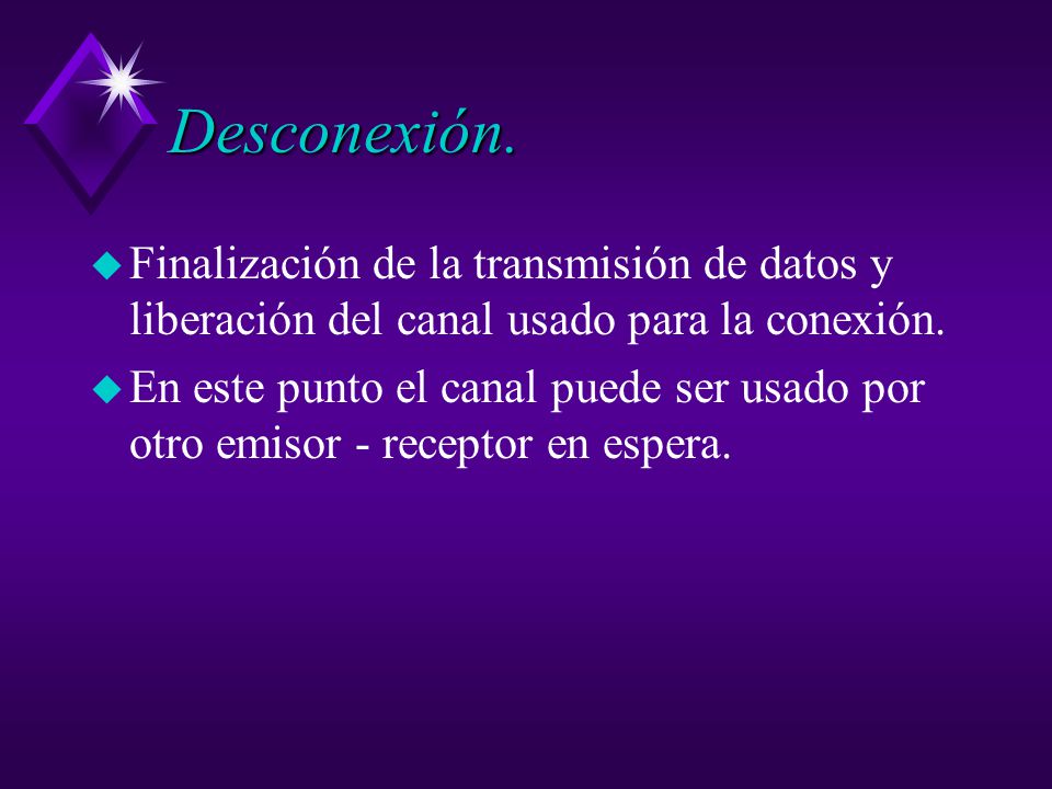 Desconexión. Finalización de la transmisión de datos y liberación del canal usado para la conexión.