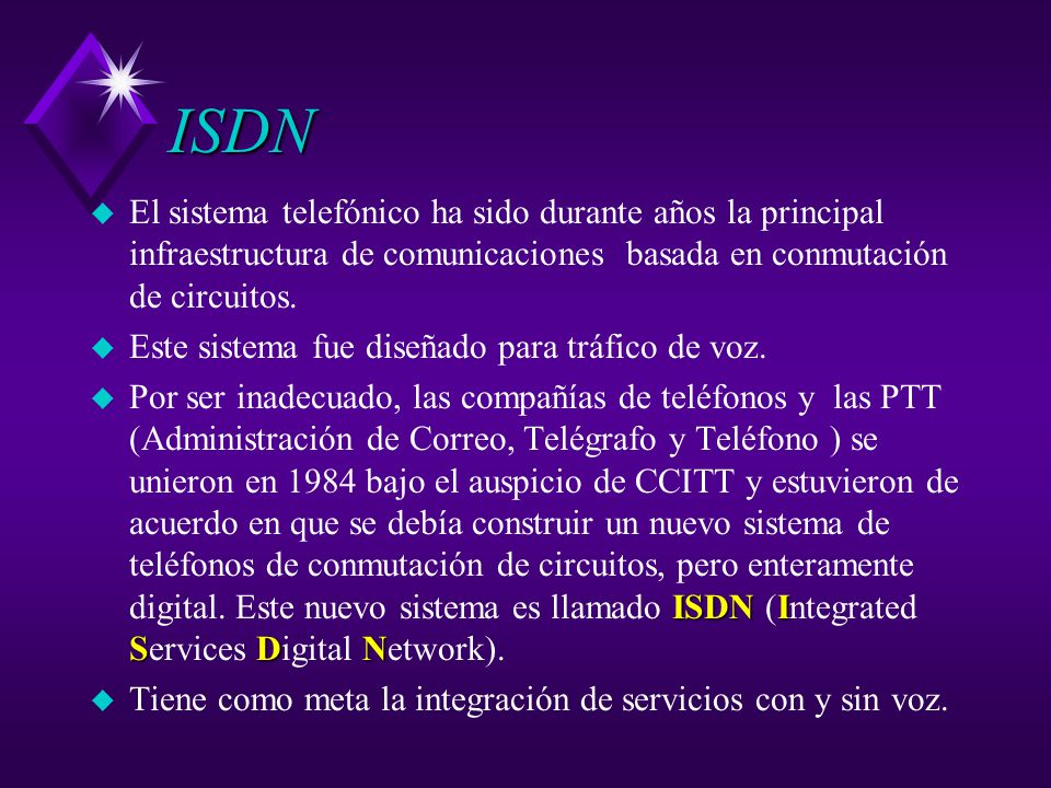 ISDN El sistema telefónico ha sido durante años la principal infraestructura de comunicaciones basada en conmutación de circuitos.