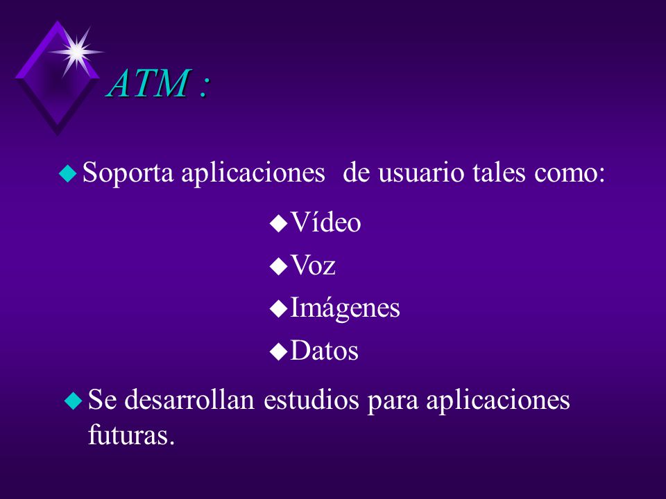 ATM : Soporta aplicaciones de usuario tales como: Vídeo Voz Imágenes
