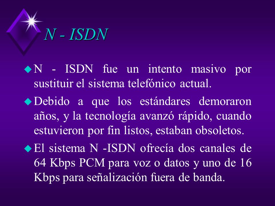 N - ISDN N - ISDN fue un intento masivo por sustituir el sistema telefónico actual.