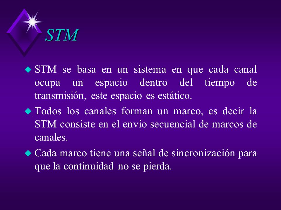 STM STM se basa en un sistema en que cada canal ocupa un espacio dentro del tiempo de transmisión, este espacio es estático.