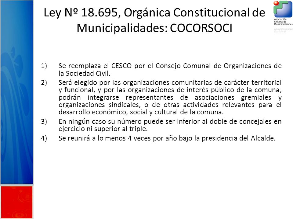 Ley Nº , Orgánica Constitucional de Municipalidades: COCORSOCI