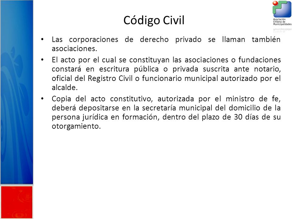 Código Civil Las corporaciones de derecho privado se llaman también asociaciones.