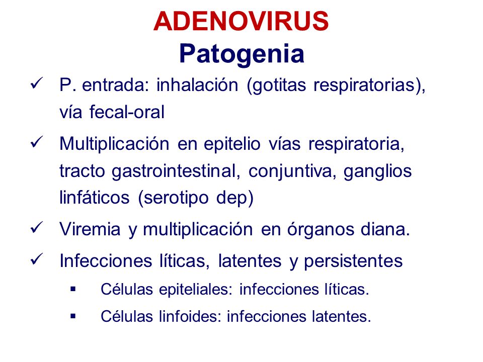 ADENOVIRUS Patogenia P. entrada: inhalación (gotitas respiratorias), vía fecal-oral.