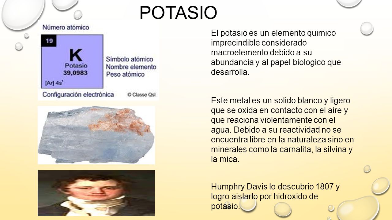 POTASIO El potasio es un elemento quimico imprecindible considerado macroelemento debido a su abundancia y al papel biologico que desarrolla.