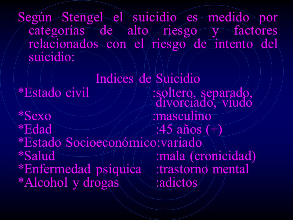 Según Stengel el suicidio es medido por categorías de alto riesgo y factores relacionados con el riesgo de intento del suicidio: