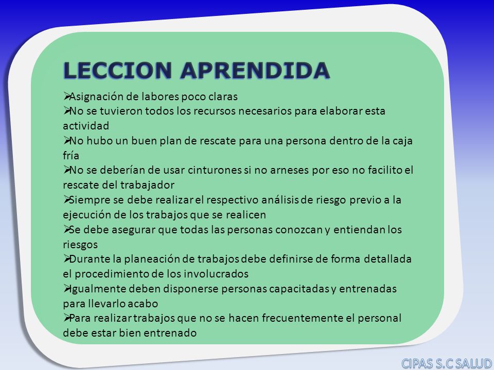 LECCION APRENDIDA CIPAS S.C SALUD Asignación de labores poco claras
