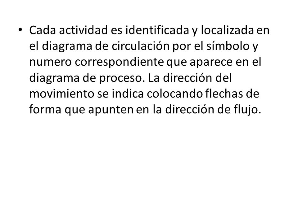 Cada actividad es identificada y localizada en el diagrama de circulación por el símbolo y numero correspondiente que aparece en el diagrama de proceso.