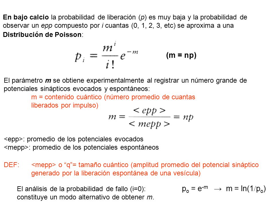En bajo calcio la probabilidad de liberación (p) es muy baja y la probabilidad de observar un epp compuesto por i cuantas (0, 1, 2, 3, etc) se aproxima a una Distribución de Poisson: