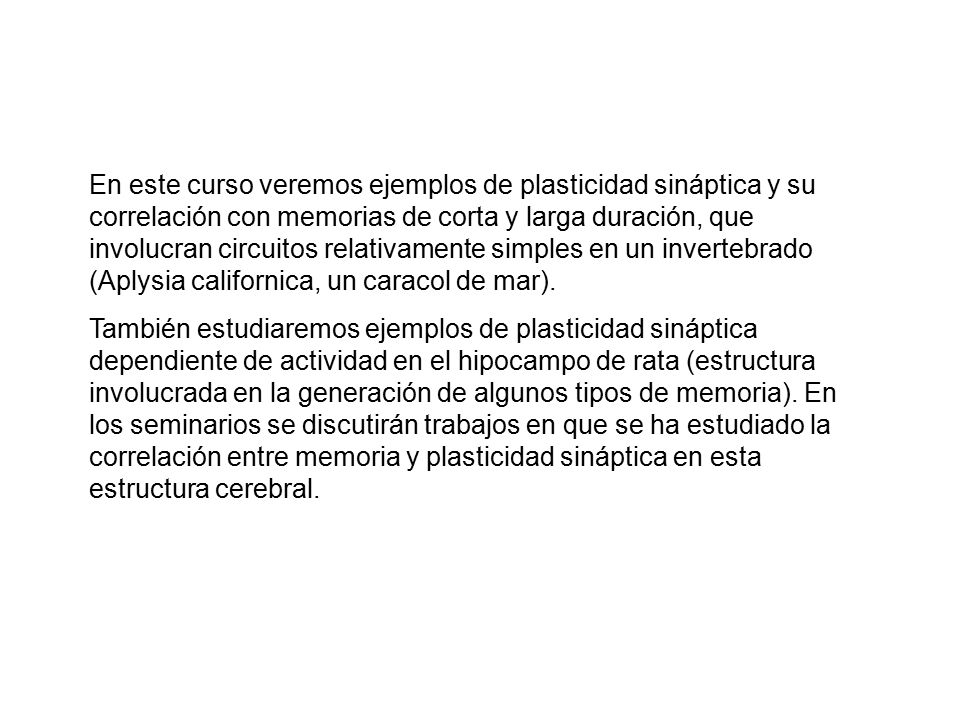 En este curso veremos ejemplos de plasticidad sináptica y su correlación con memorias de corta y larga duración, que involucran circuitos relativamente simples en un invertebrado (Aplysia californica, un caracol de mar).