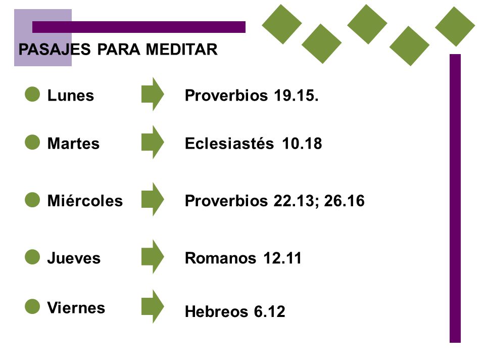 PASAJES PARA MEDITAR Lunes. Proverbios Martes. Eclesiastés Miércoles. Proverbios 22.13;