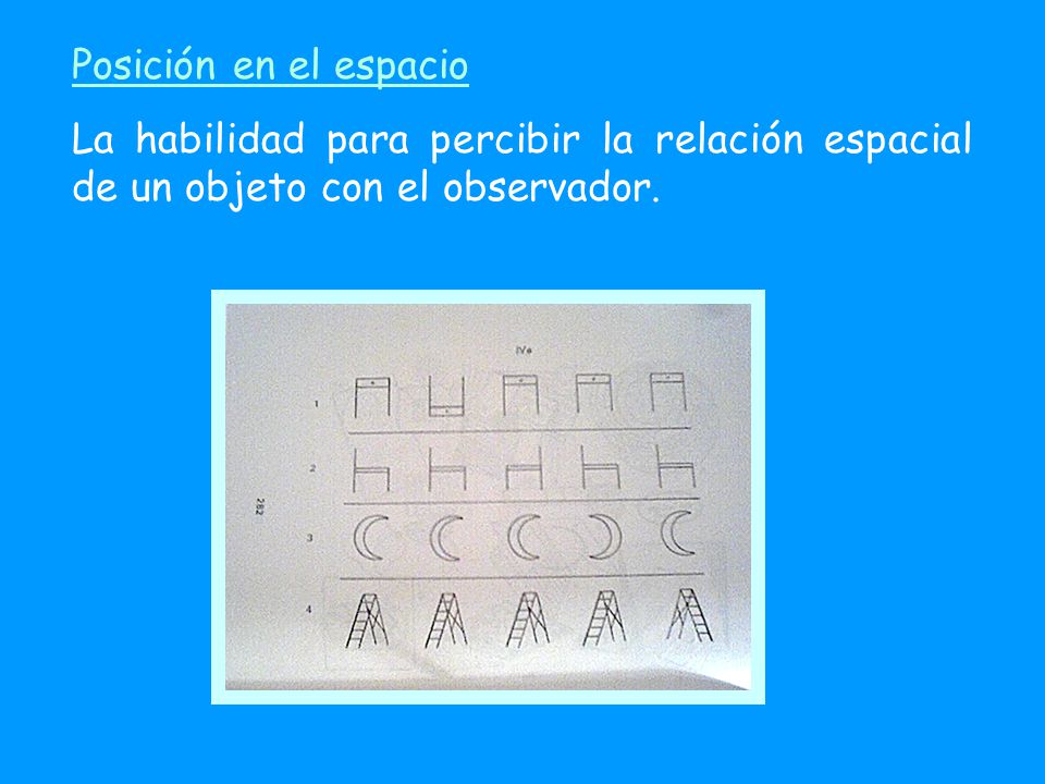 Posición en el espacio La habilidad para percibir la relación espacial de un objeto con el observador.