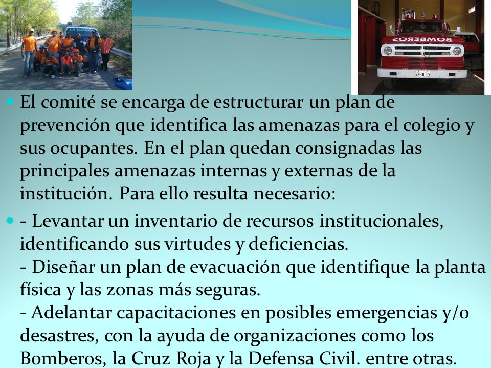 El comité se encarga de estructurar un plan de prevención que identifica las amenazas para el colegio y sus ocupantes. En el plan quedan consignadas las principales amenazas internas y externas de la institución. Para ello resulta necesario: