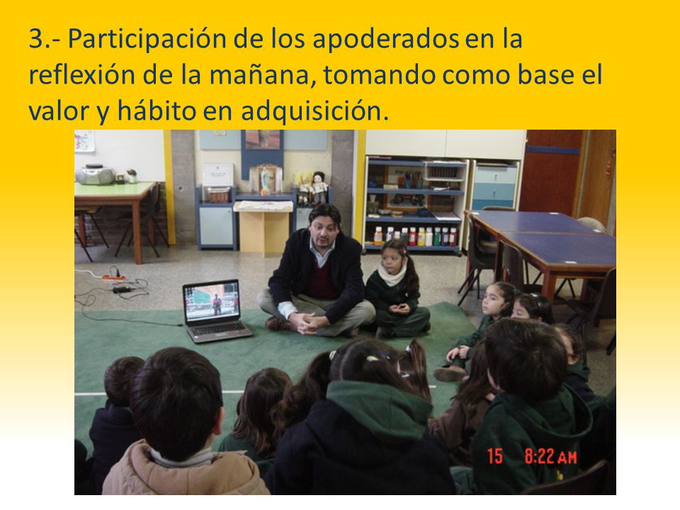 3.- Participación de los apoderados en la reflexión de la mañana, tomando como base el valor y hábito en adquisición.