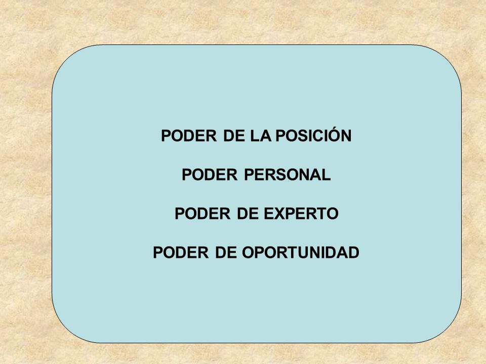 PODER DE LA POSICIÓN PODER PERSONAL PODER DE EXPERTO PODER DE OPORTUNIDAD