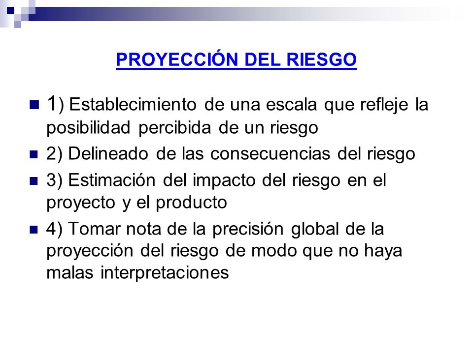PROYECCIÓN DEL RIESGO 1) Establecimiento de una escala que refleje la posibilidad percibida de un riesgo.