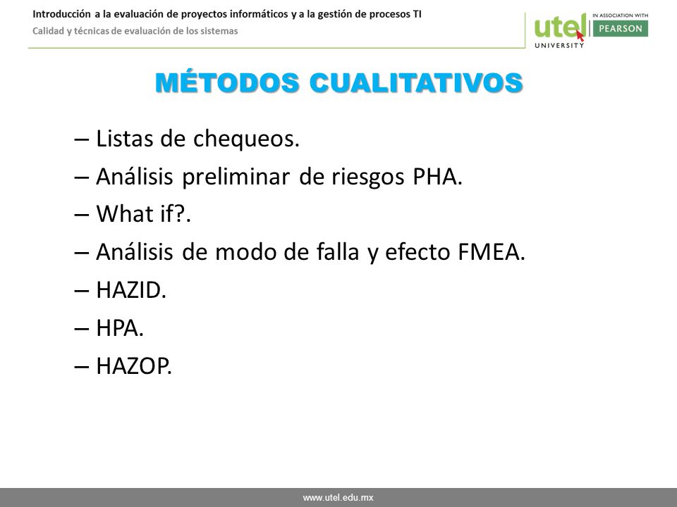 MÉTODOS CUALITATIVOS Listas de chequeos. Análisis preliminar de riesgos PHA. What if . Análisis de modo de falla y efecto FMEA.