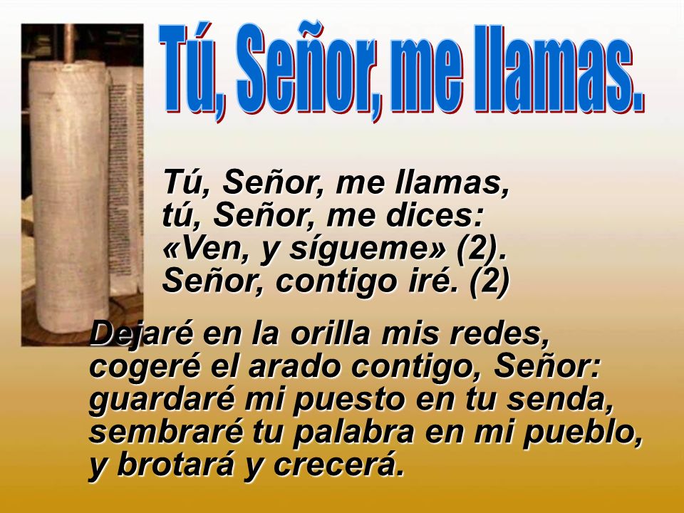 Tú, Señor, me llamas. Tú, Señor, me llamas, tú, Señor, me dices: «Ven, y sígueme» (2). Señor, contigo iré. (2)