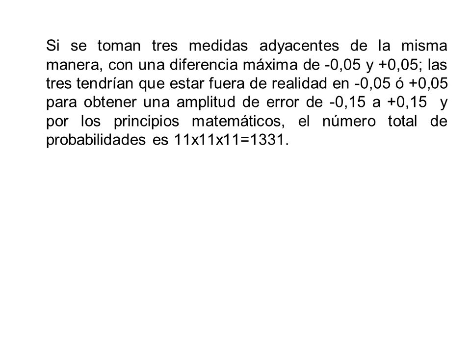 Si se toman tres medidas adyacentes de la misma manera, con una diferencia máxima de -0,05 y +0,05; las tres tendrían que estar fuera de realidad en -0,05 ó +0,05 para obtener una amplitud de error de -0,15 a +0,15 y por los principios matemáticos, el número total de probabilidades es 11x11x11=1331.
