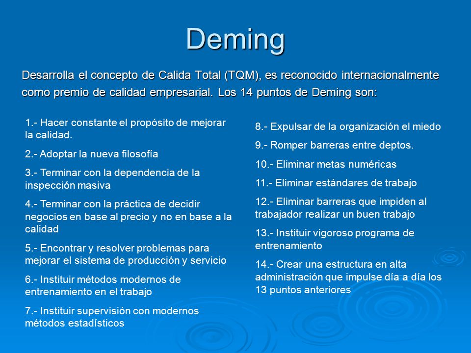Deming Desarrolla el concepto de Calida Total (TQM), es reconocido internacionalmente.