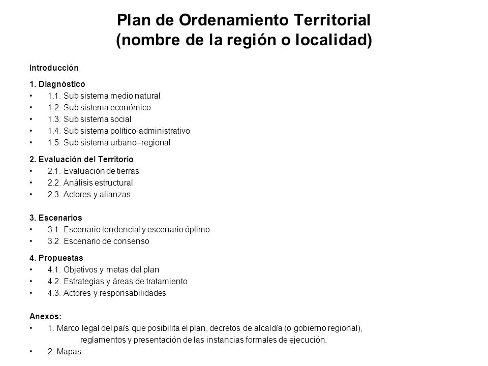 Plan de Ordenamiento Territorial (nombre de la región o localidad)
