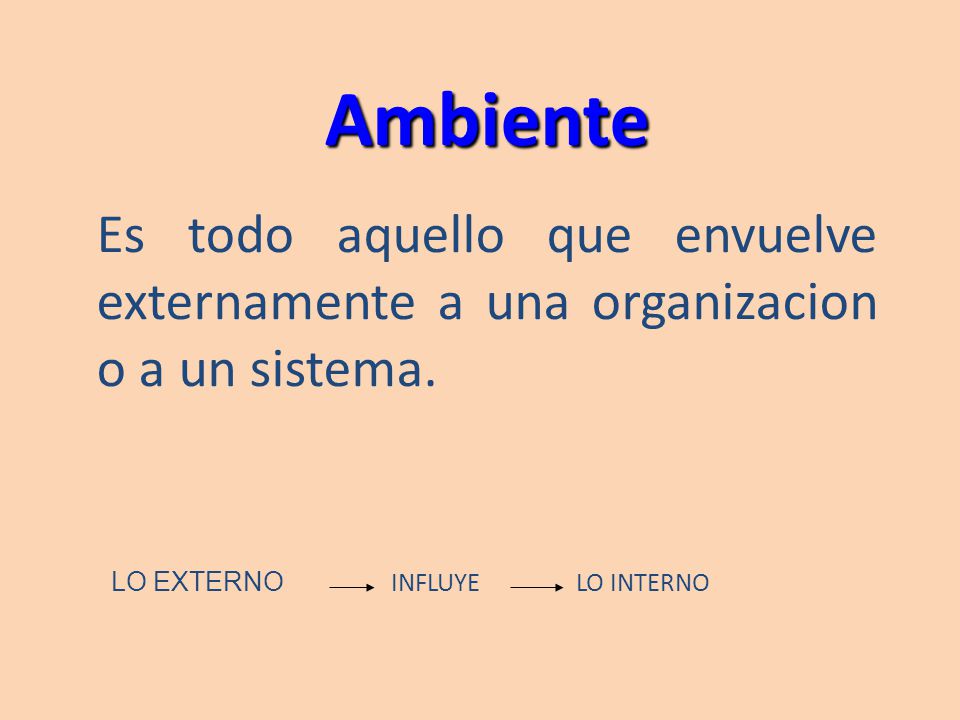 Ambiente Es todo aquello que envuelve externamente a una organizacion o a un sistema.