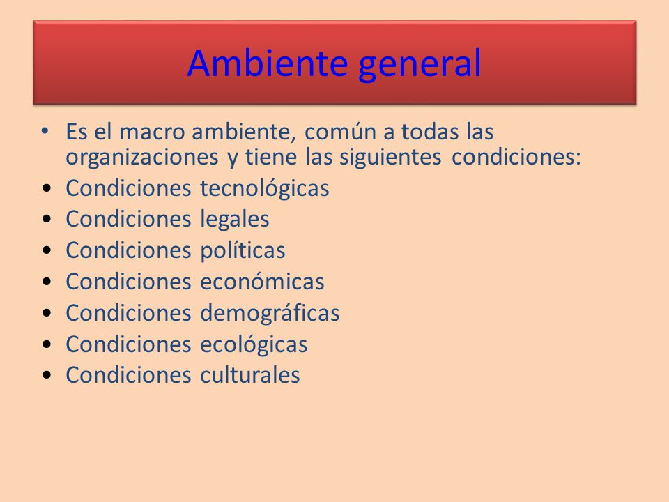 Ambiente general Es el macro ambiente, común a todas las organizaciones y tiene las siguientes condiciones: