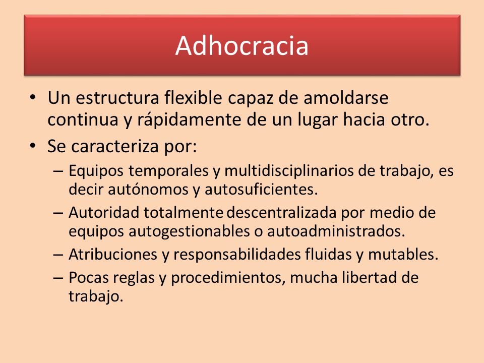 Adhocracia Un estructura flexible capaz de amoldarse continua y rápidamente de un lugar hacia otro.