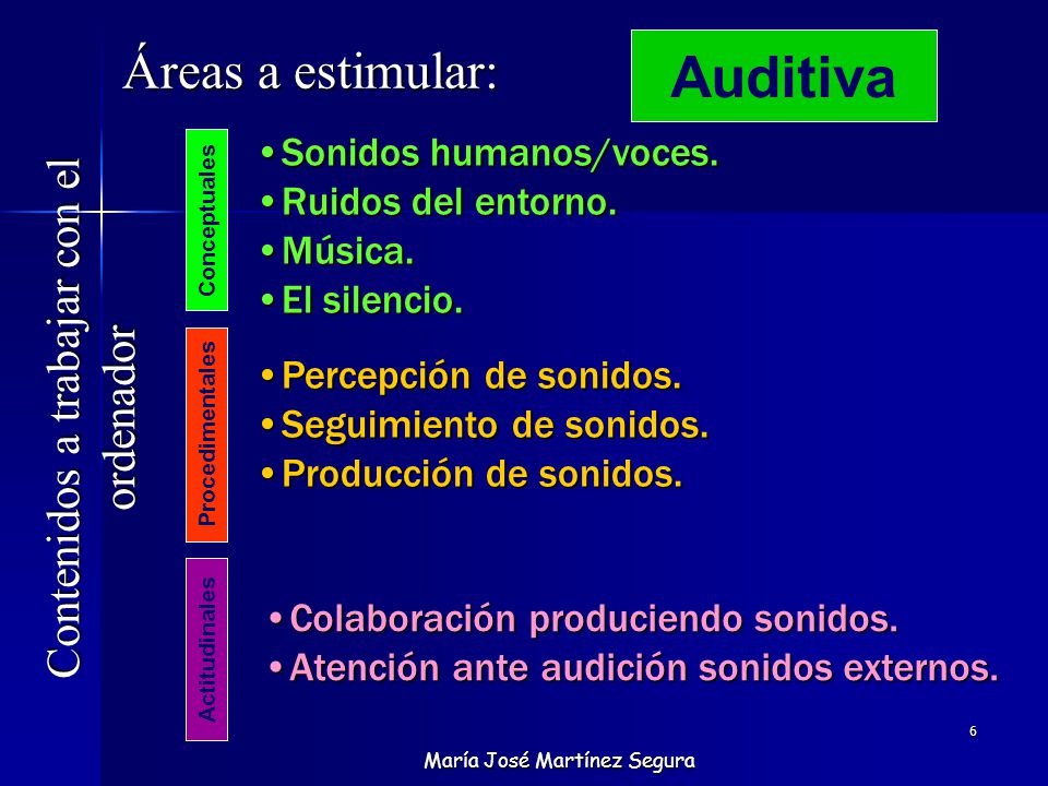 Auditiva Áreas a estimular: Contenidos a trabajar con el ordenador