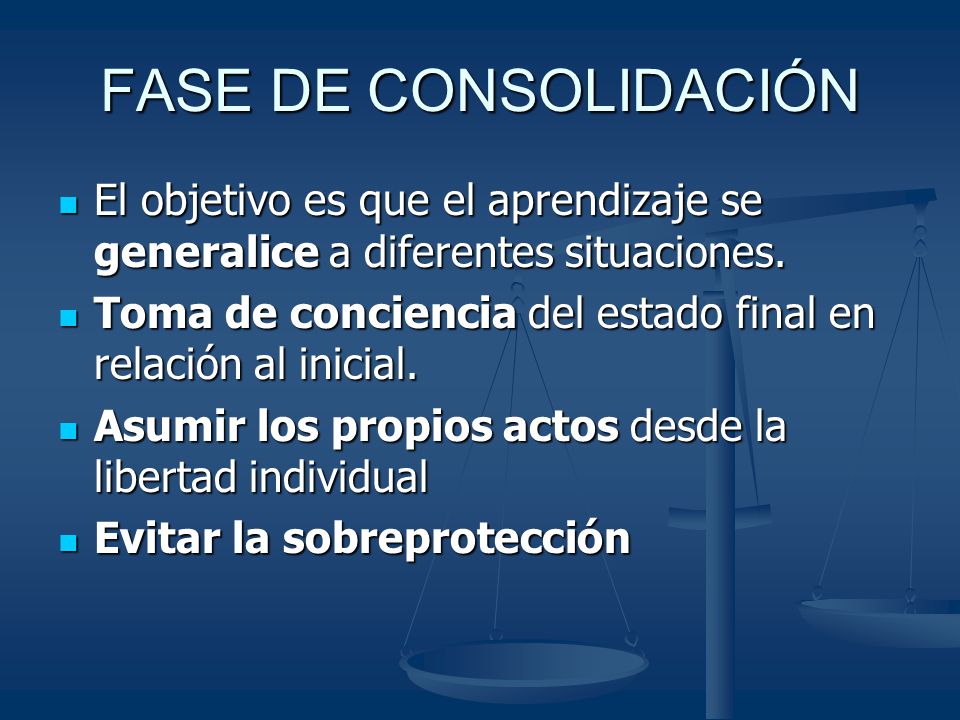 FASE DE CONSOLIDACIÓN El objetivo es que el aprendizaje se generalice a diferentes situaciones.