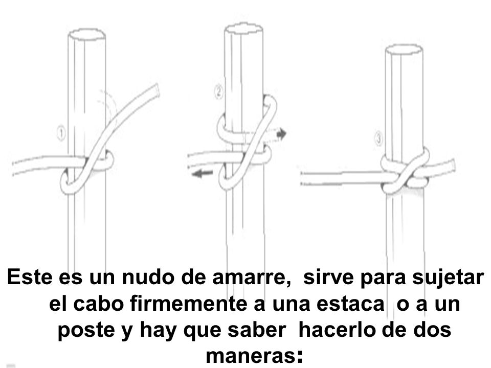 Este es un nudo de amarre, sirve para sujetar el cabo firmemente a una estaca o a un poste y hay que saber hacerlo de dos maneras: