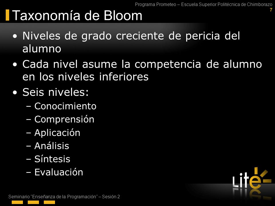 Taxonomía de Bloom Niveles de grado creciente de pericia del alumno