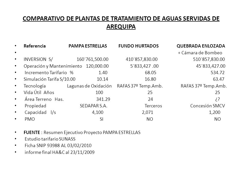 COMPARATIVO DE PLANTAS DE TRATAMIENTO DE AGUAS SERVIDAS DE AREQUIPA