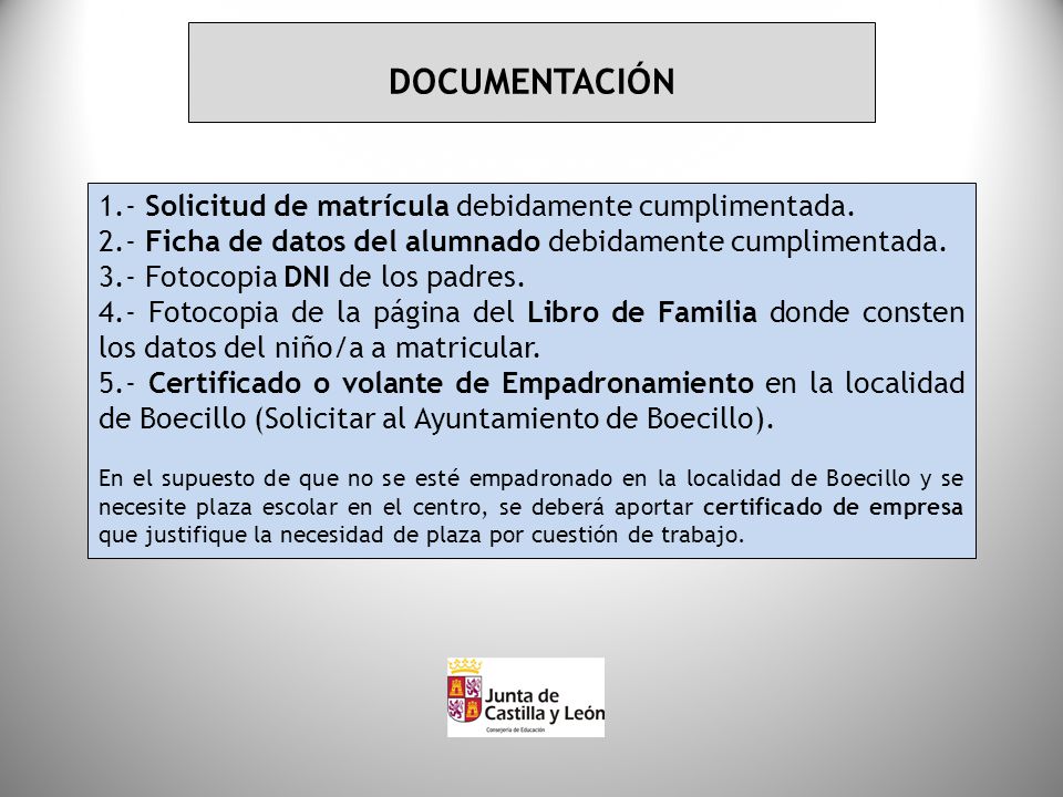 DOCUMENTACIÓN 1.- Solicitud de matrícula debidamente cumplimentada.