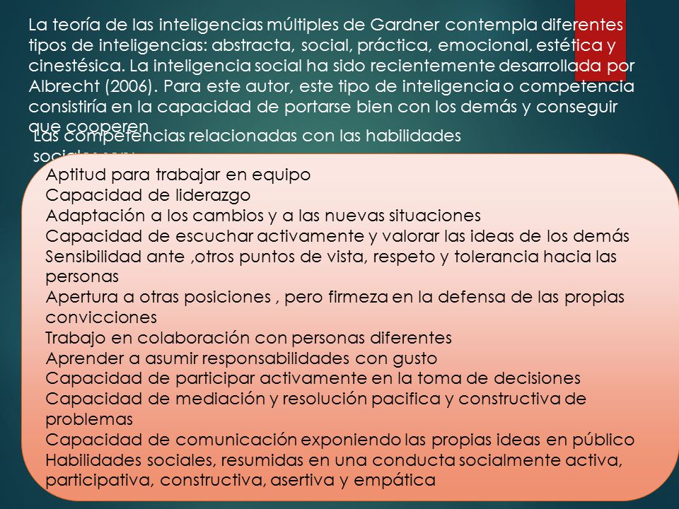 La teoría de las inteligencias múltiples de Gardner contempla diferentes tipos de inteligencias: abstracta, social, práctica, emocional, estética y cinestésica. La inteligencia social ha sido recientemente desarrollada por Albrecht (2006). Para este autor, este tipo de inteligencia o competencia consistiría en la capacidad de portarse bien con los demás y conseguir que cooperen