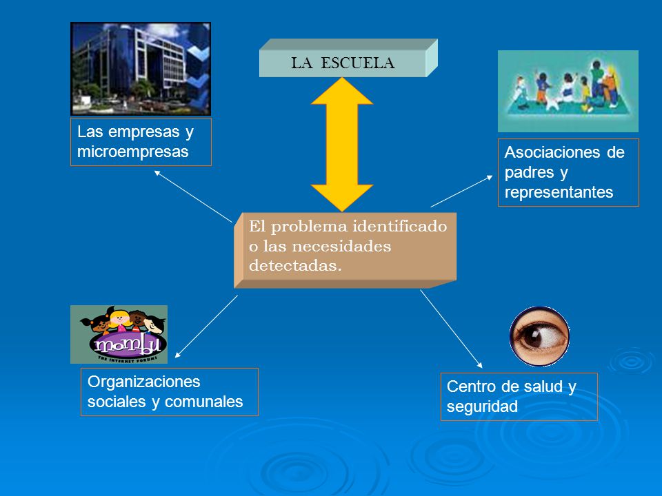 LA ESCUELA Las empresas y microempresas. Asociaciones de padres y representantes. El problema identificado o las necesidades detectadas.