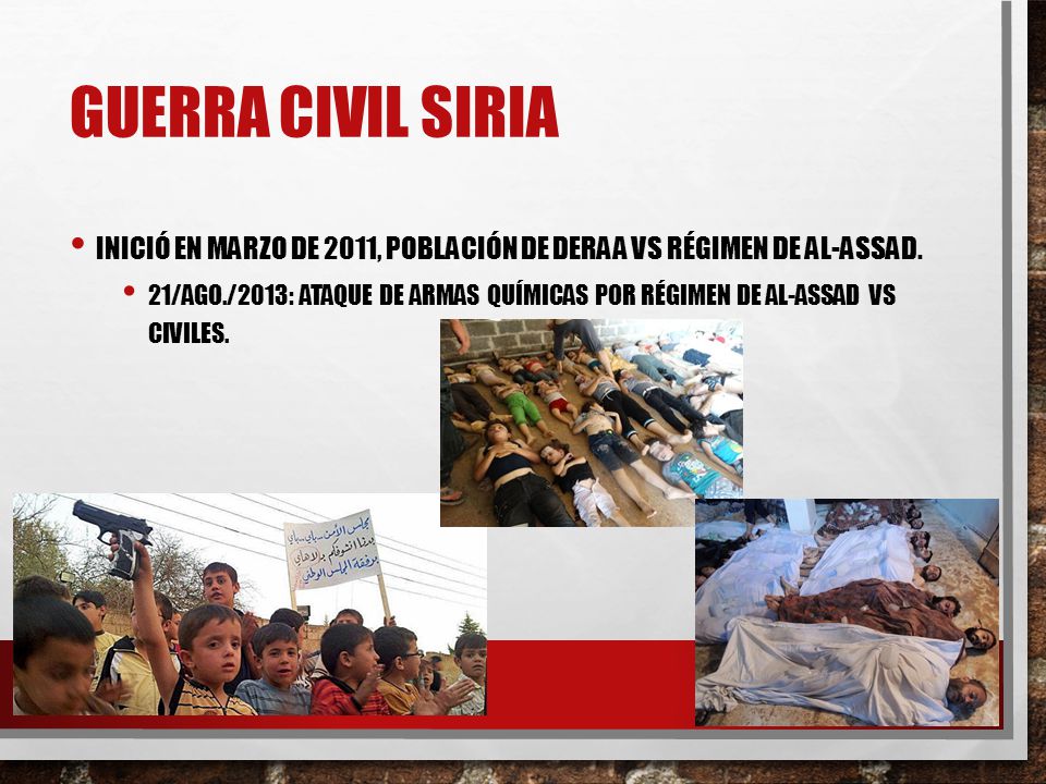 Guerra Civil Siria Inició en marzo de 2011, población de Deraa vs régimen de al-Assad.