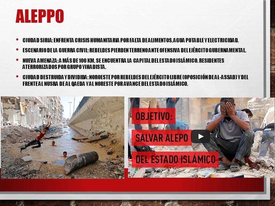 Aleppo Ciudad Siria: Enfrenta crisis humanitaria por falta de alimentos, agua potable y electricidad.
