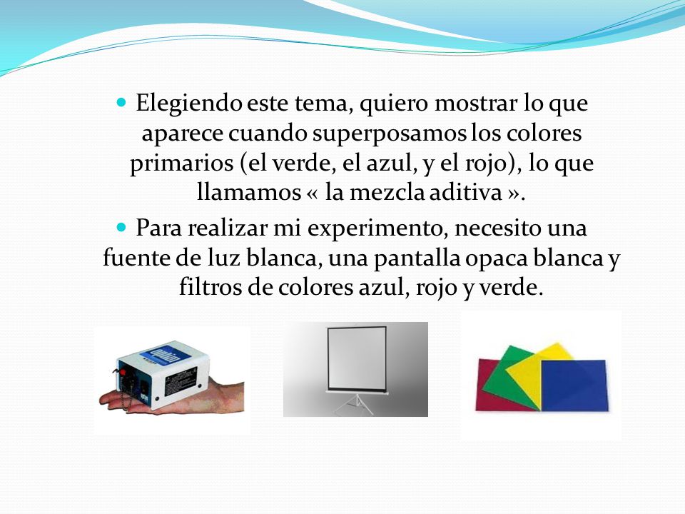 Elegiendo este tema, quiero mostrar lo que aparece cuando superposamos los colores primarios (el verde, el azul, y el rojo), lo que llamamos « la mezcla aditiva ».