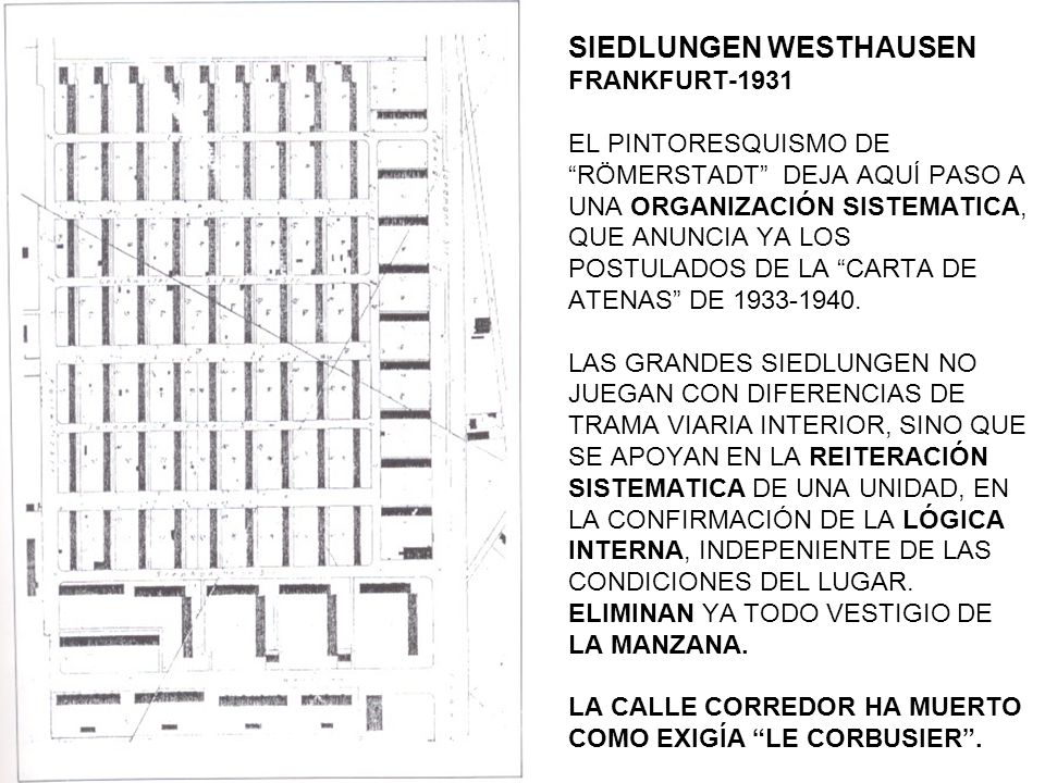SIEDLUNGEN WESTHAUSEN FRANKFURT-1931 EL PINTORESQUISMO DE RÖMERSTADT DEJA AQUÍ PASO A UNA ORGANIZACIÓN SISTEMATICA, QUE ANUNCIA YA LOS POSTULADOS DE LA CARTA DE ATENAS DE